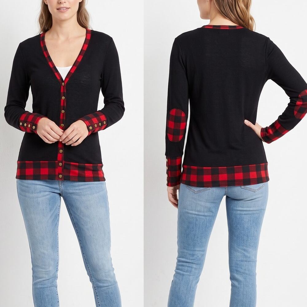 Hawthorne XS Black Red V Neck Snap Front Cardigan Acrylic Cotton Blend